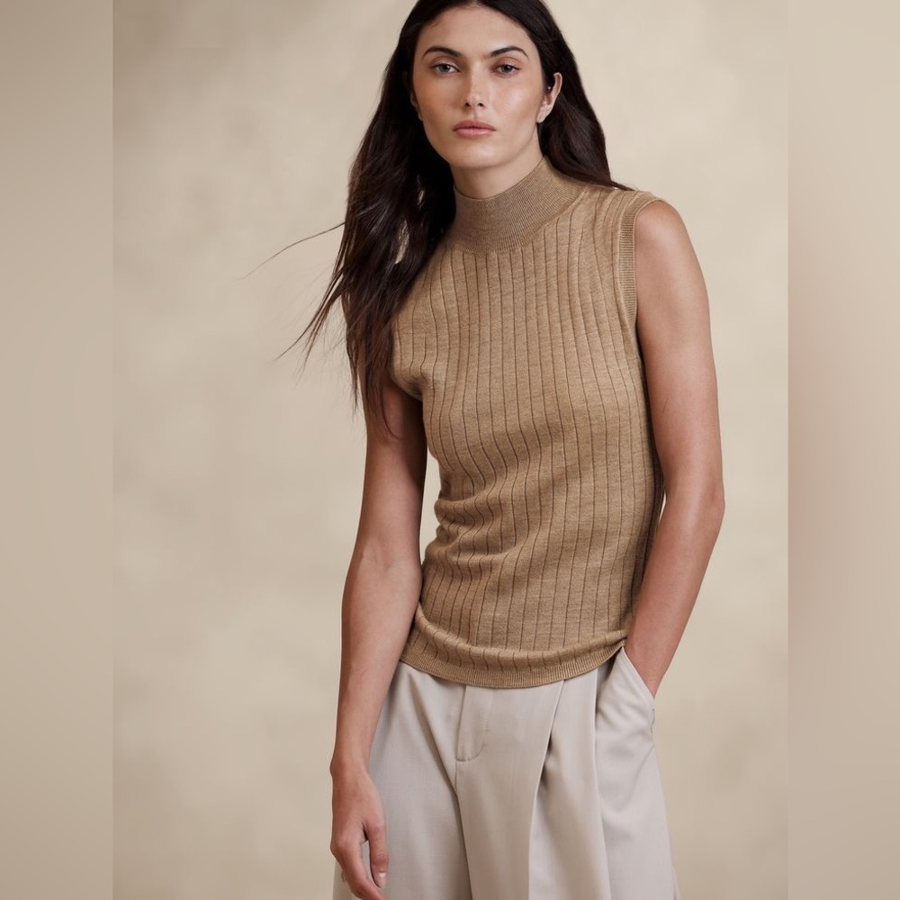 BANANA REPUBLIC MERINO WOOL NEZHA SLEEVELESS RIB KNIT MOCK NECK TOP Camel L